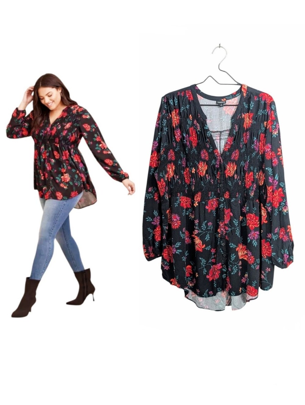 Torrid Floral High-Low Tunic Top Blouse Size 2X Button-Up Long Sleeve Flowy Chic